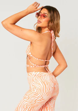 Karla Orange Swirl Halter Neck Cross Co-ord Top | Missy Empire (UK)