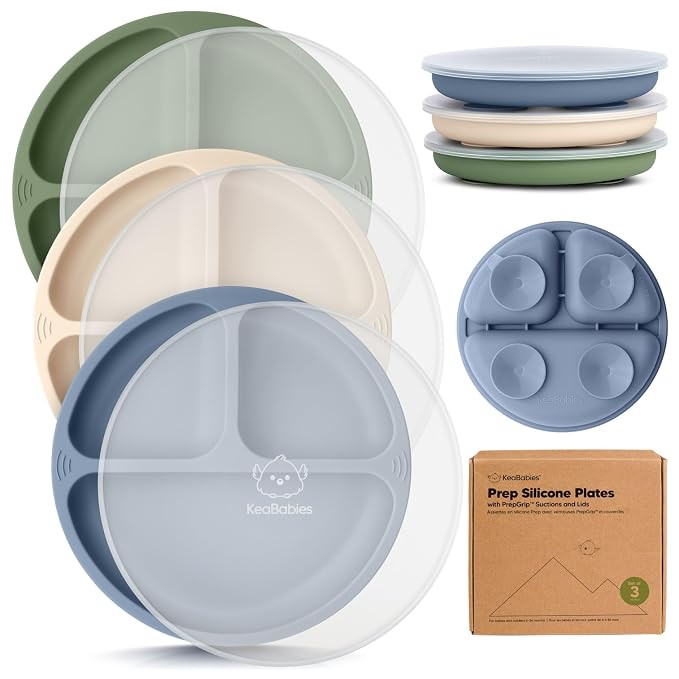 KeaBabies Suction Plates with Lids for Baby, 3-Pack, 100% Silicone (Slate) | Silicone Toddler Pla... | Amazon (US)