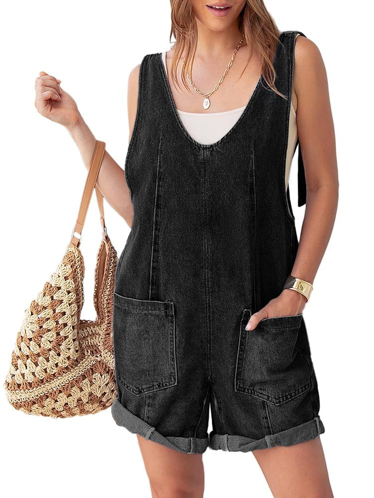 Glamaker Womens Summer Denim Romper Overall Shorts Casual Sleeveless V Neck Jean Romper Denim Out... | Amazon (US)