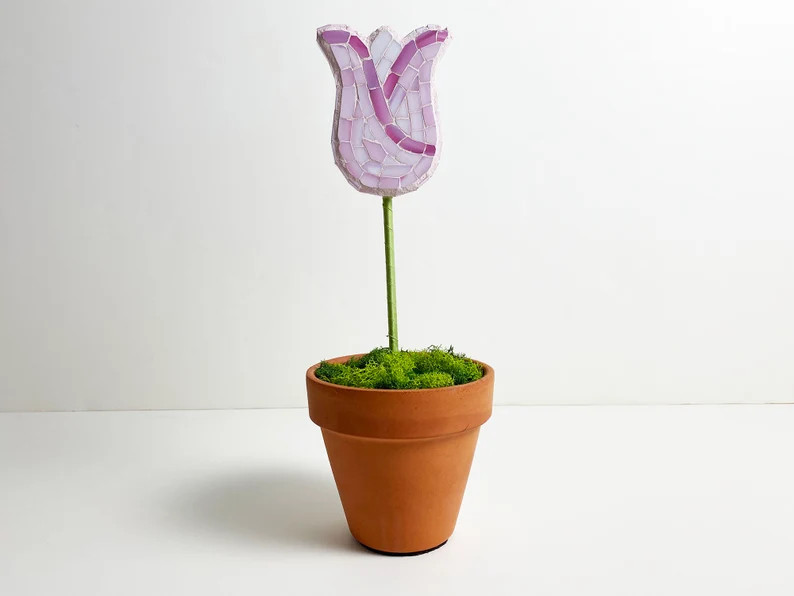 Pink Mosaic Stained Glass Tulip Flower Pot Desk Shelf Coffee Table Decor Gardener Mothers Day Eas... | Etsy (US)