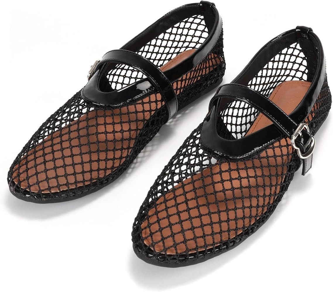 ZVC Mesh Ballet Flats for Women Comfortable Buckle Strap Fishnet Ballerina Shoes Woven Casual Dre... | Amazon (US)