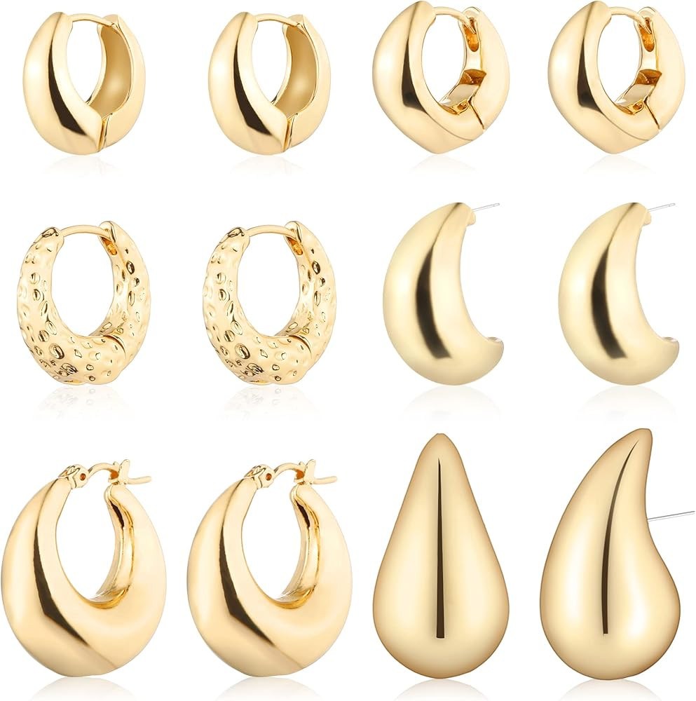 Wgoud 6 Pairs Gold Hoop Earrings Set for Women, 14K Gold Plated Hypoallergenic Lightweight Chunky... | Amazon (US)
