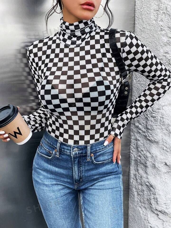 SHEIN Essnce Checkerboard Print High Neck Bodysuit | SHEIN