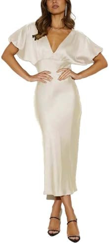 Satin V Neck Puffy Sleeves Silk Midi Dresses Empire Waist Elegant Tie Back Formal Cocktail Dress ... | Amazon (US)
