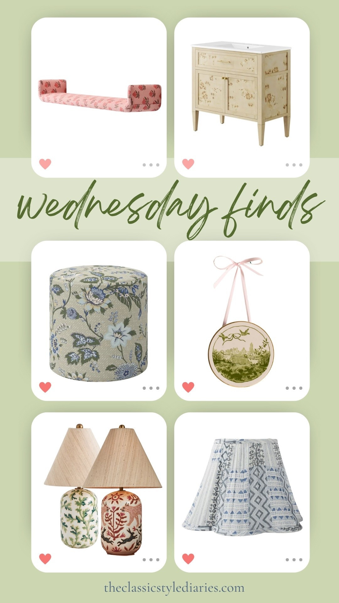 Wednesday home decor finds ..

Cutest shelf for a nursery or playroom - it’s upholstered! 
Burl wood bathroom vanity for a great price and other sizes available. 
Cute ottoman on sale and comes in other fabrics. 
Wall decor for a nursery. 
Fun lamps. 
Unique lamp shade! If you’re looking for a non-typical fabric lamp shade, I love this. 
#salefinds #homedecor 

#LTKFindsUnder100 #LTKFindsUnder50 #LTKHome