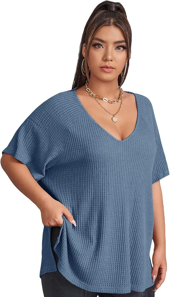 SOLY HUX Women's Plus Size V Neck Short Sleeve Tee Split Hem Waffle Knit Oversized Casual Loose S... | Amazon (US)