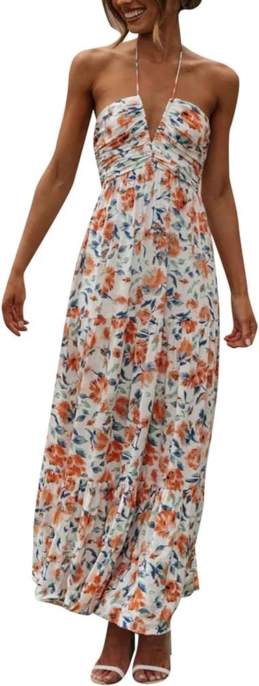 Women Sexy Sleeveless Halter Neck Maxi Dress Backless Ruffle Hem Tiered Flowy Long Dress Summer L... | Amazon (US)