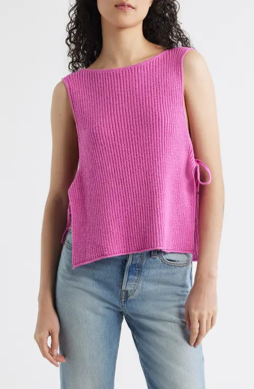 Free People Lizzie Rib Side Tie Sleeveless Cotton & Linen Blend Sweater in Island Flower at Nordstrom, Size Large | Nordstrom