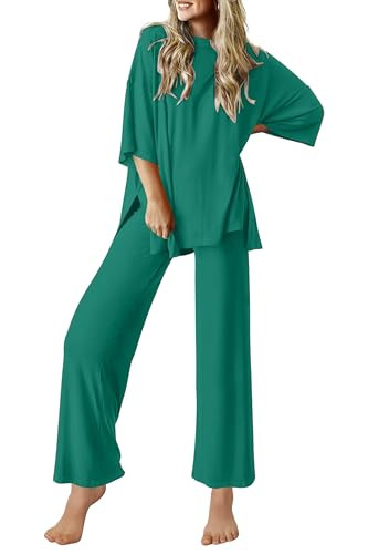 Ekouaer Lounge Sets for Women Short Sleeve Tops and Long Pants Soft Comfy Pajamas Set 2 Piece Outfits,Ivy Green,S | Amazon (US)