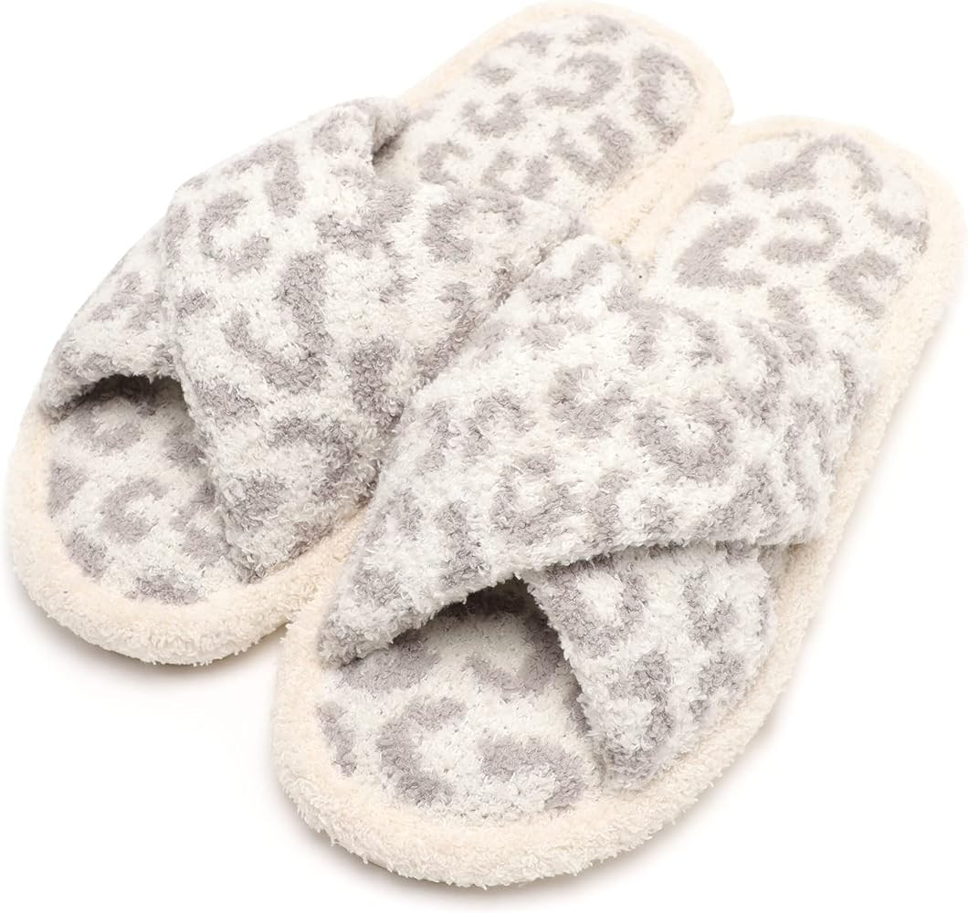 MIRMARU Women’s Animal Print Comfort Fluffy Fuzzy Slip-on House Slippers Open Toe Cross Band Indoor  | Amazon (US)