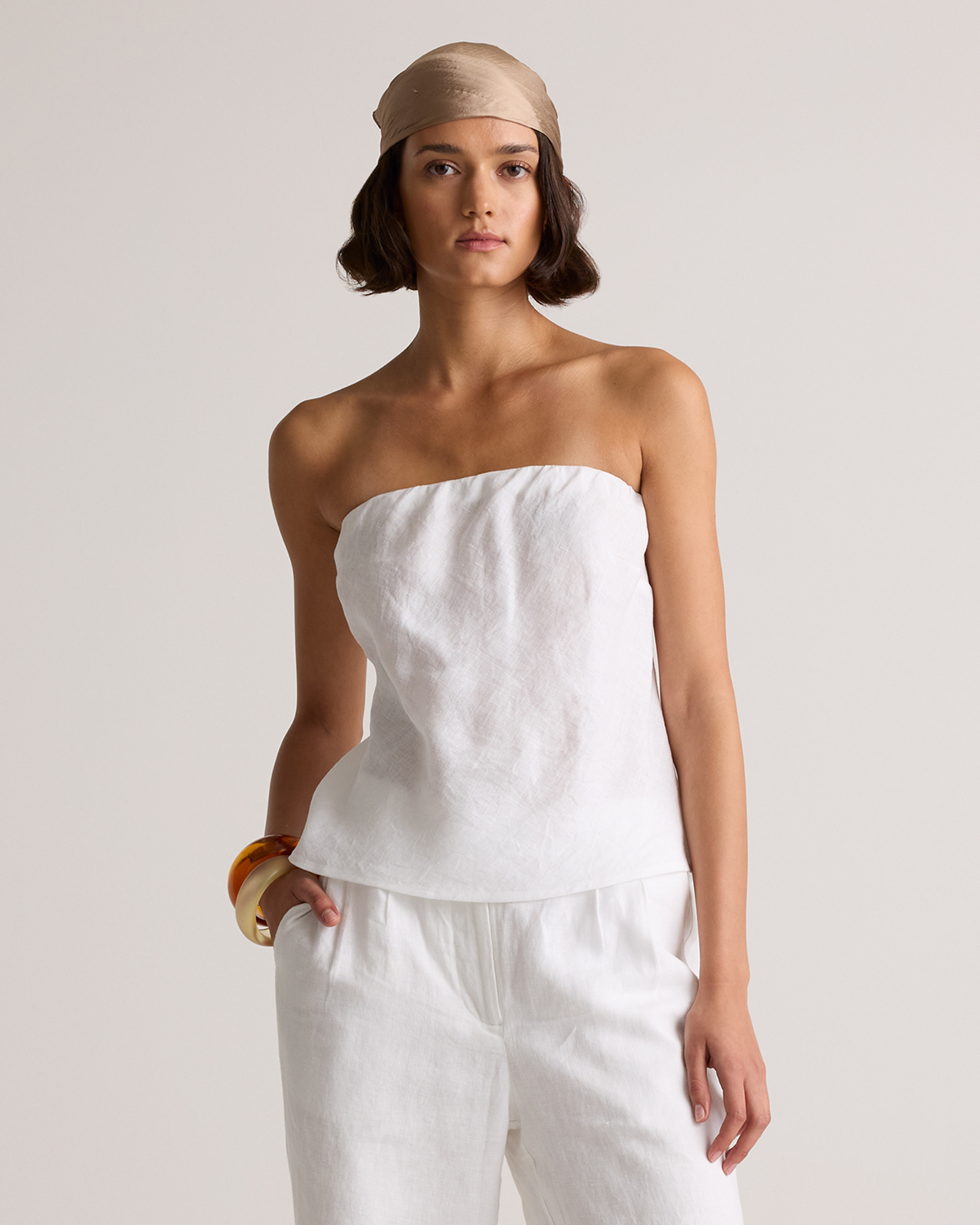 Quince | Women's 100% European Linen Strapless Top in White, Size Medium | Quince