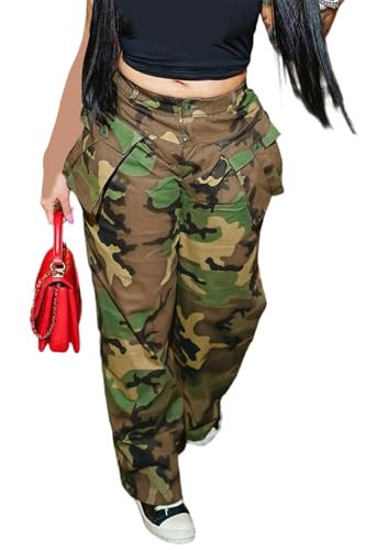 Vakkest Women's Camo Cargo Pants Casual High Waist Wide Leg Army Plus Size Joggers Trousers with Pockets | Amazon (US)