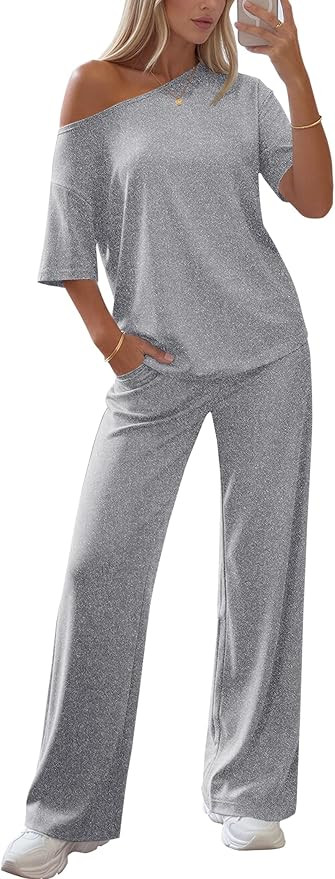 Ekouaer Lounge Sets for Women Off Shoulder(Right) Short Sleeve Tops and Long Pants 2 Piece Set Su... | Amazon (US)