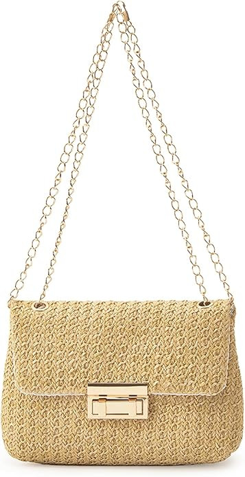 Woven Straw Purse Summer Clutch, Gold Chain, Flap with Turn-Lock Closure | Amazon (US)