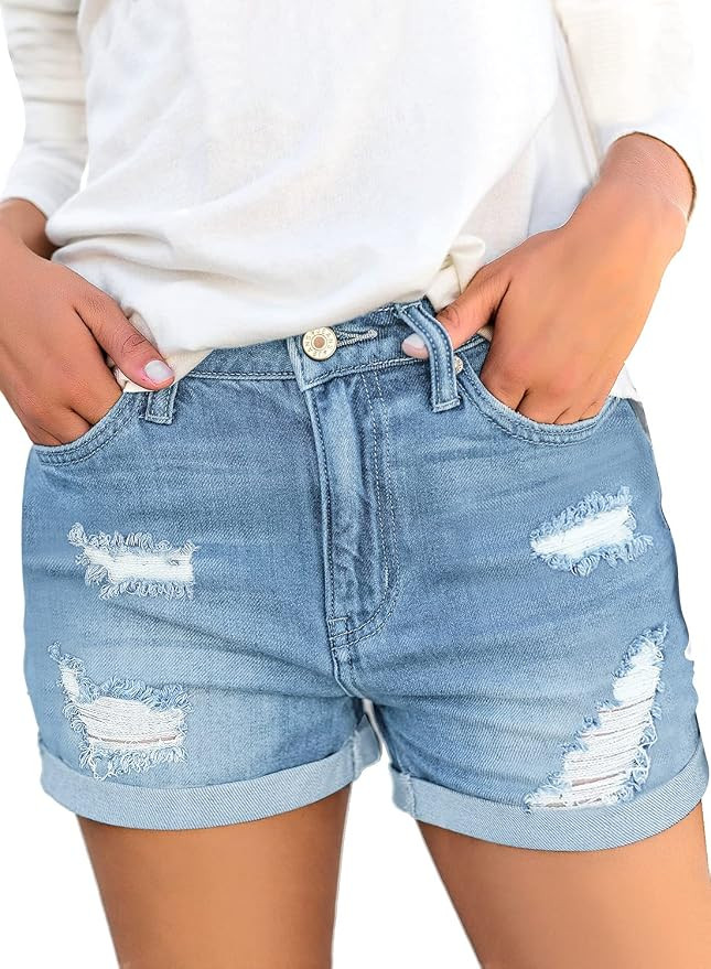 LookbookStore Women's High Waisted Rolled Hem Distressed Jeans Ripped Denim Shorts | Amazon (US)