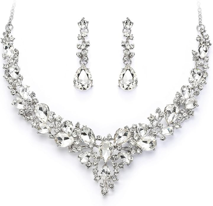 BriLove Women's Wedding Bridal Austrian Crystal Teardrop Cluster Statement Necklace Dangle Earrin... | Amazon (US)