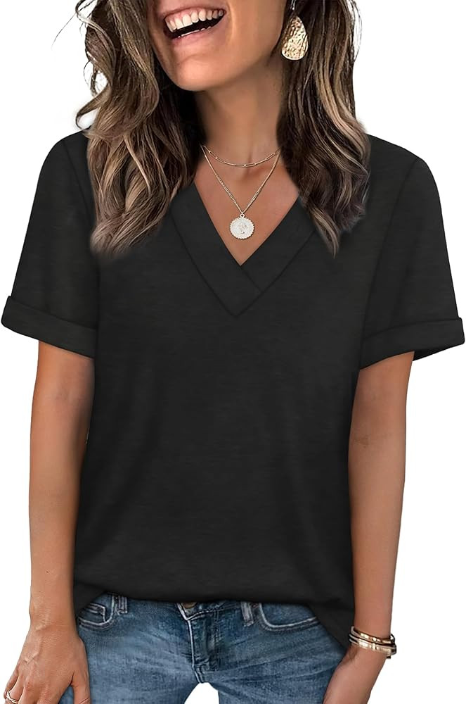 WIHOLL Womens Summer Tops Short Sleeve Basic Casual V Neck T Shirts Trendy Fashion 2026 | Amazon (US)