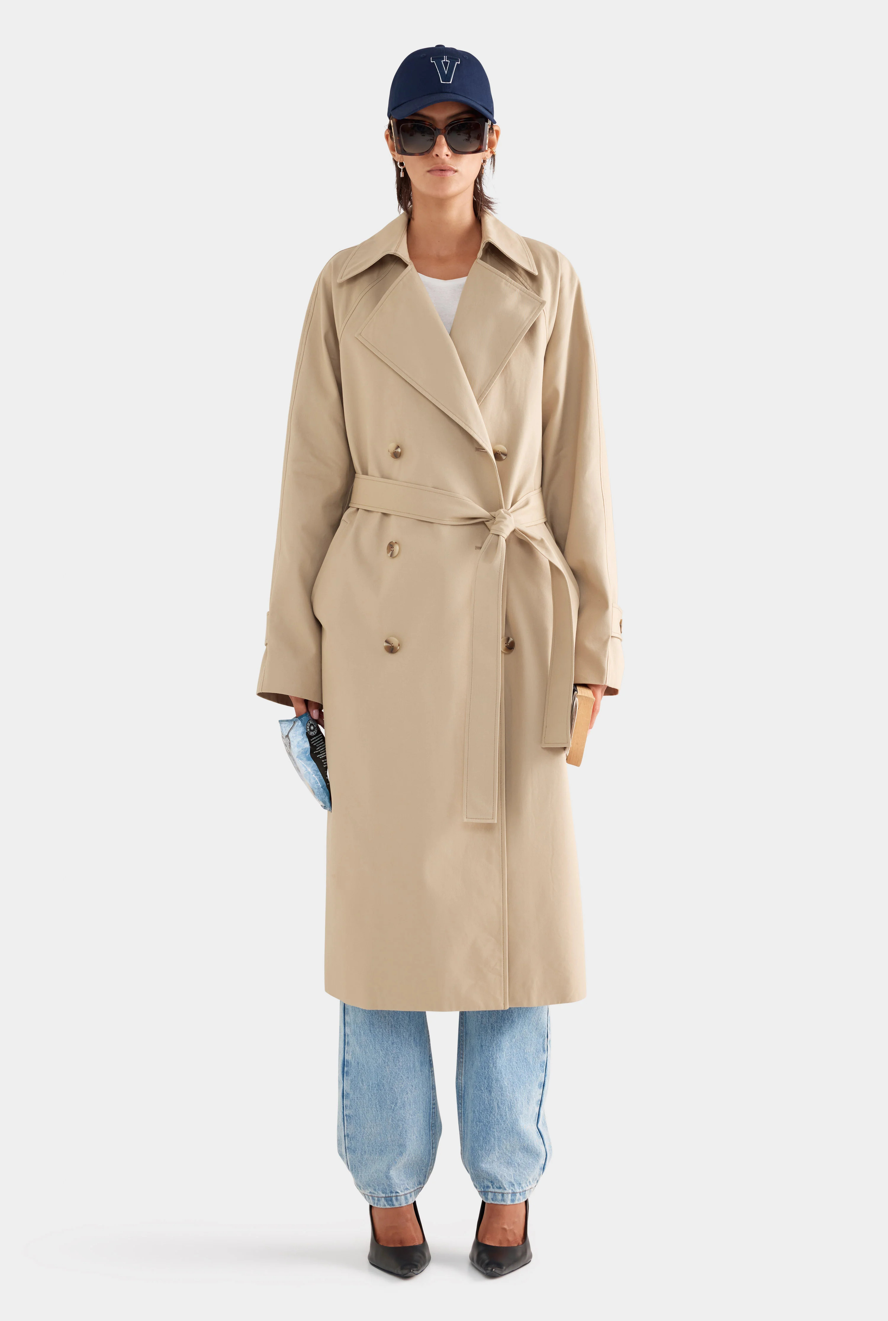 Womens Classic Cotton Trench Coat in Pale Khaki | Venroy | Venroy AU