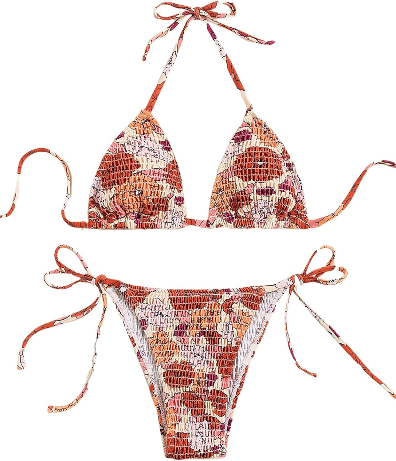SheIn Women's Floral Swimsuit Smocked Halter Top High Cut Tie Side Thong Bikini Set Bathing Suit | Amazon (US)