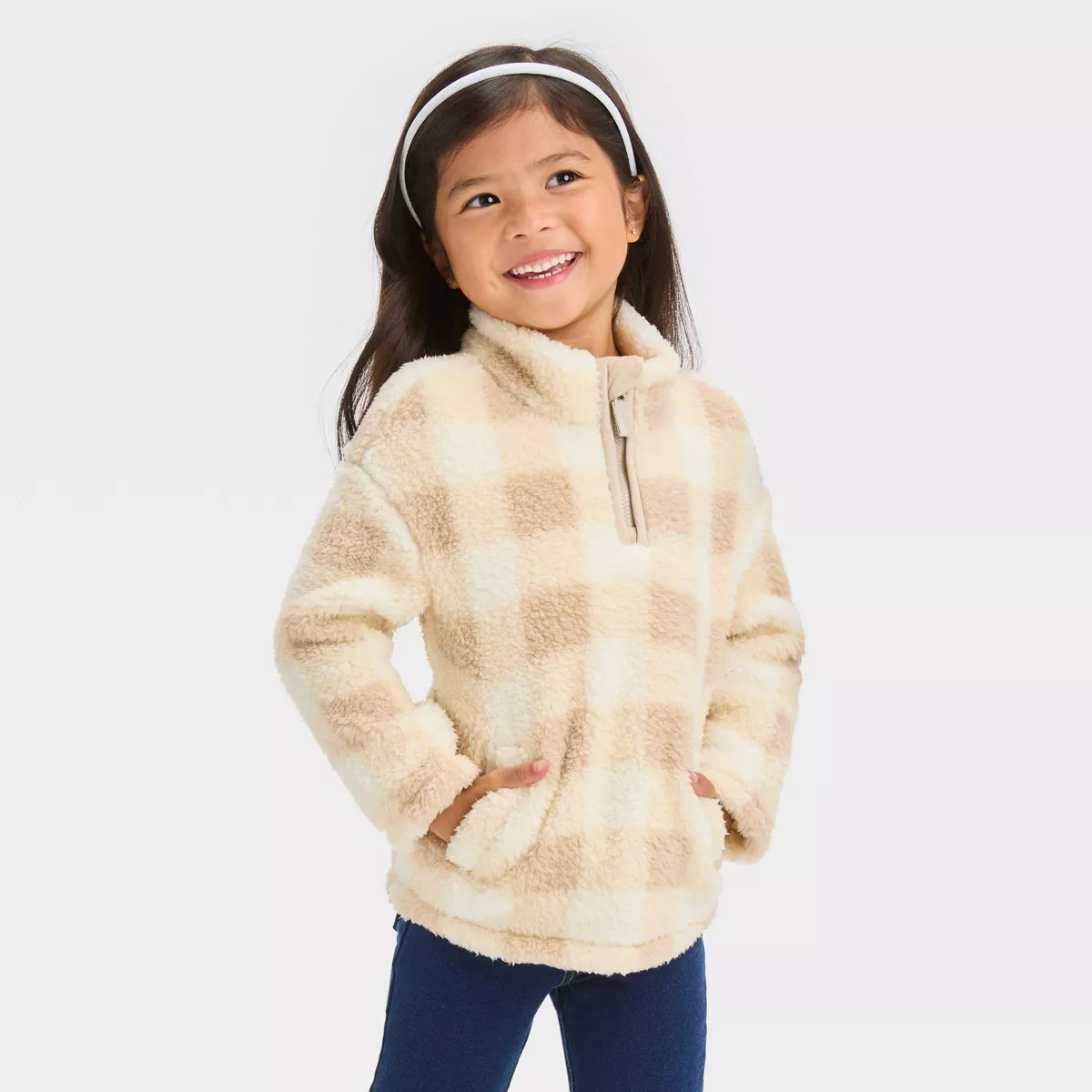 Toddler Girls' Checkered Quarter Zip-Up Jacket - Cat & Jack™ Beige | Target