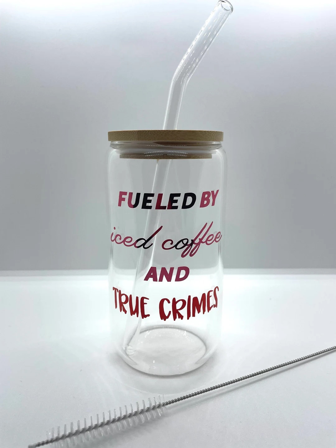 Iced Coffee and True Crimes - Glass Cup - Cup With Lid and Straw - Custom Cup | Etsy (US)