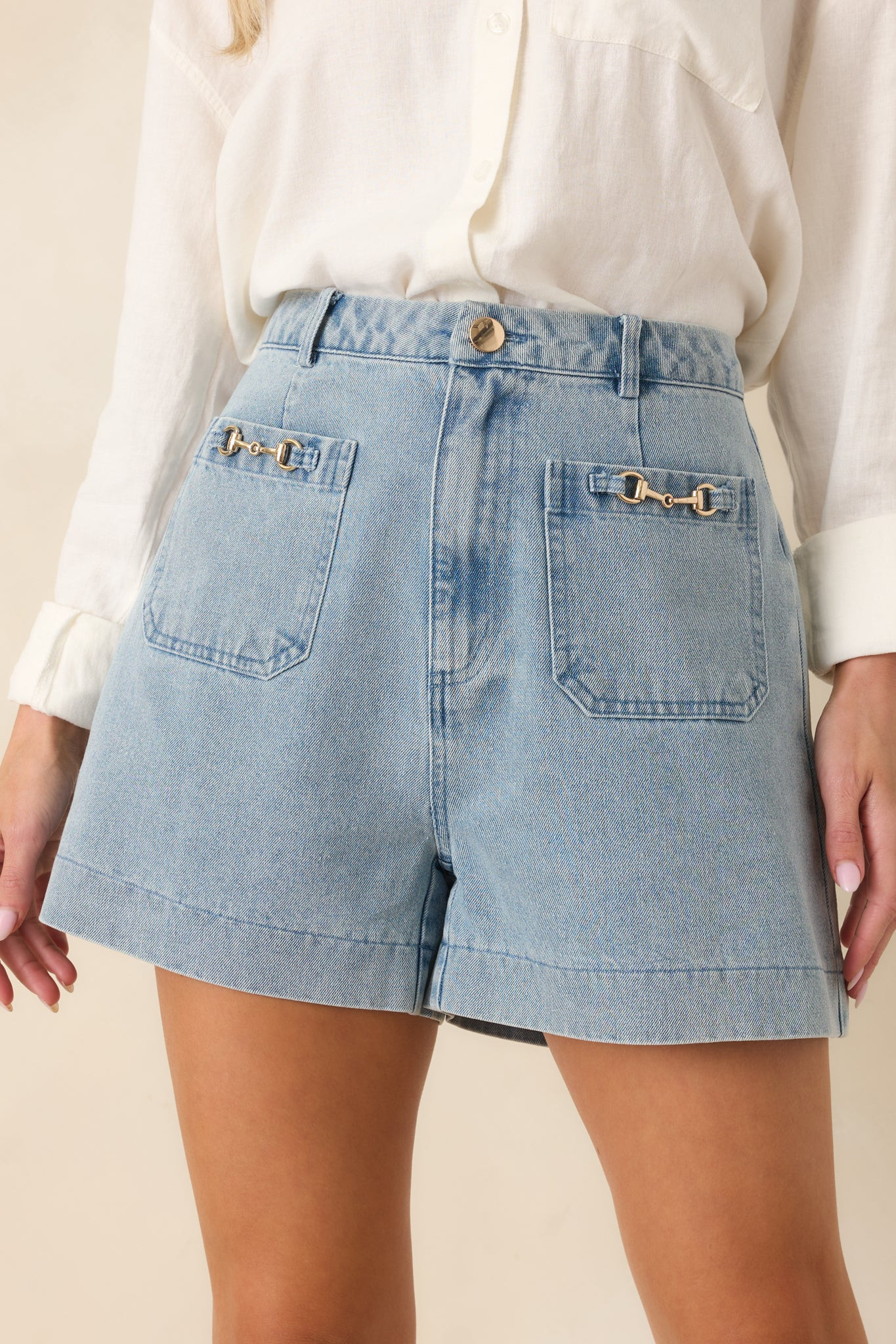 Bit of Charm Light Wash Denim Shorts | Red Dress