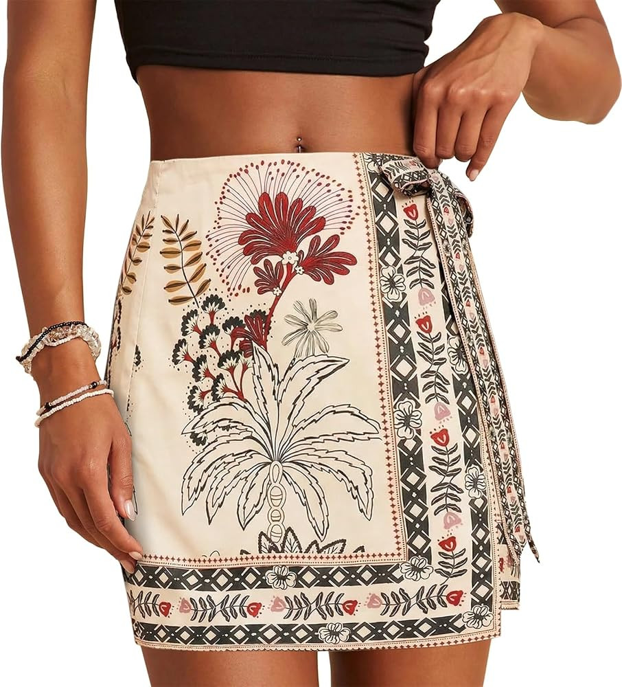 Womens Wrap Skirt Summer A Line Mini Skirts Boho Mermaid Floral Printed Tie Side High Waist Beach... | Amazon (US)