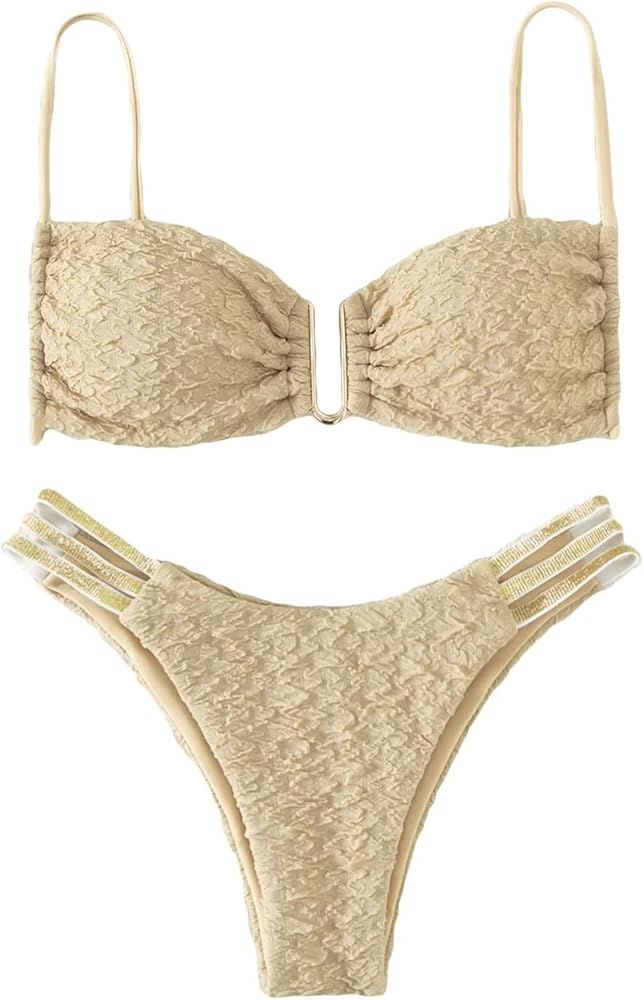 Falainetee Women's High Waisted Bathing Suit V Wire Cut Out Tie Back Swimsuit Bikini Set 2 Piece | Amazon (US)