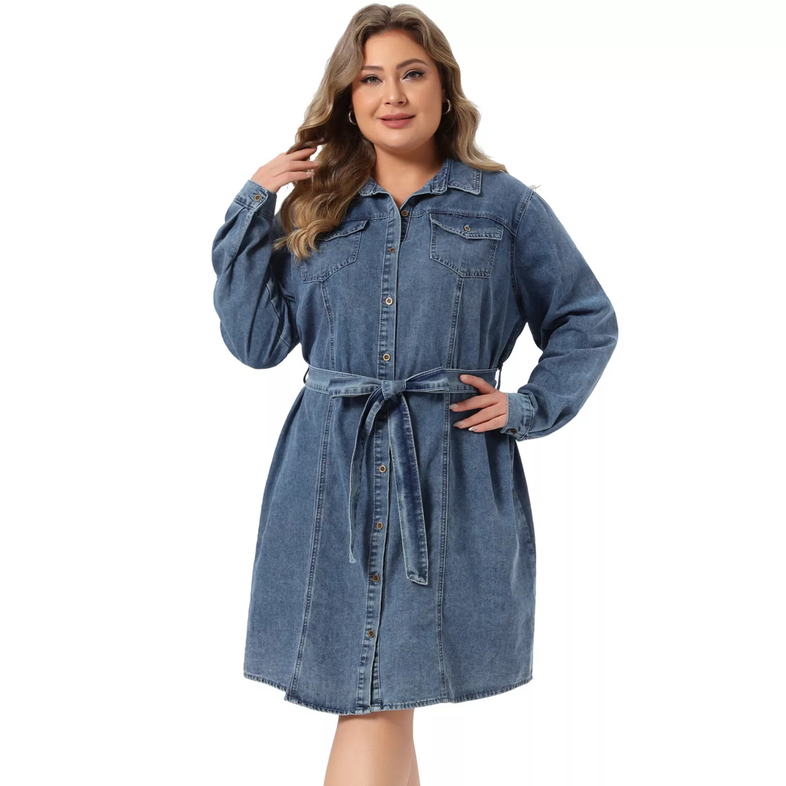 Women's Plus Size Long Sleeves Button Denim Shirt Dress | Kohl's