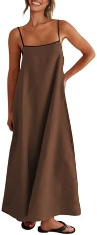 Shy Velvet Women's 2026 Summer Linen Maxi Dress Contrast Spaghetti Strap Dress Backless Casual Pa... | Amazon (US)