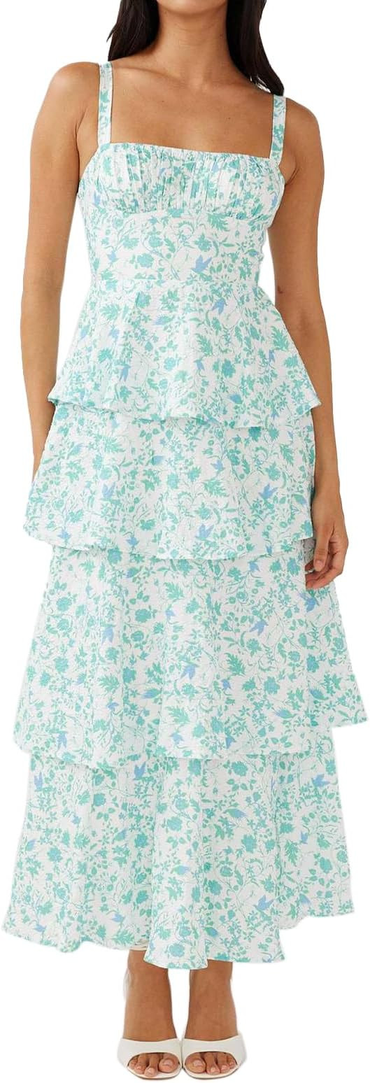 Women Floral Maxi Dress Sleeveless Bow Back Tiered Boho Flowy Long Dresses Summer Fall | Amazon (US)