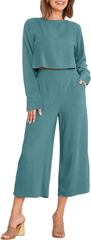 Amazon.com: Prinbara Women's Long Sleeve 2 Piece Outfits Set Casual Cropped Length Pants with Poc... | Amazon (US)