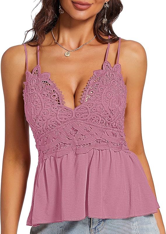 Women Summer V-Neck Lace Cami Peplum Top Spaghetti Strap Sleeveless Lace Tank Top | Amazon (US)