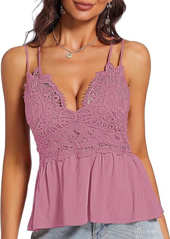 Women Summer V-Neck Lace Cami Peplum Top Spaghetti Strap Sleeveless Lace Tank Top | Amazon (US)