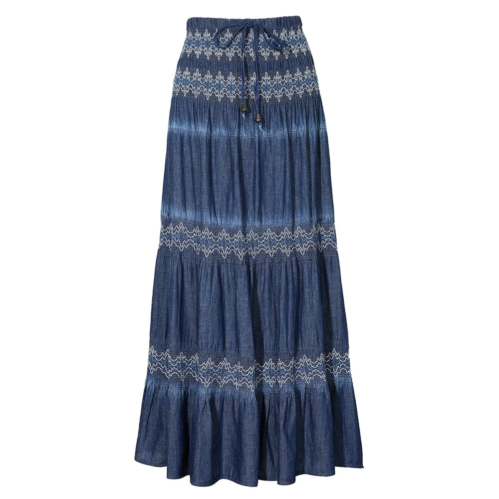 DREFBUFY Maxi Skirt Womens High Waist Pleated Tiered Long Skirts Denim Casual Style Midi Dress fo... | Amazon (US)