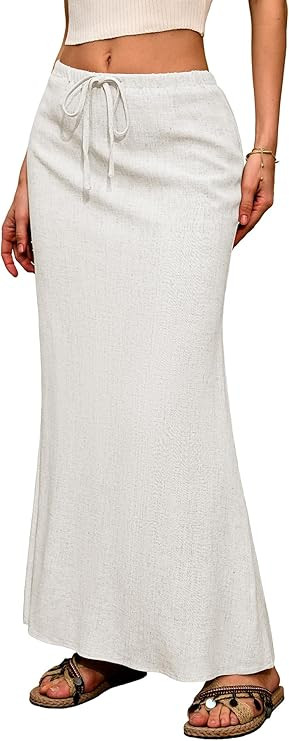 ELLEVEN Linen Flared Maxi Skirt with Back Slit - Elastic Waist Drawstring Long Flowy Ankle-Length... | Amazon (US)