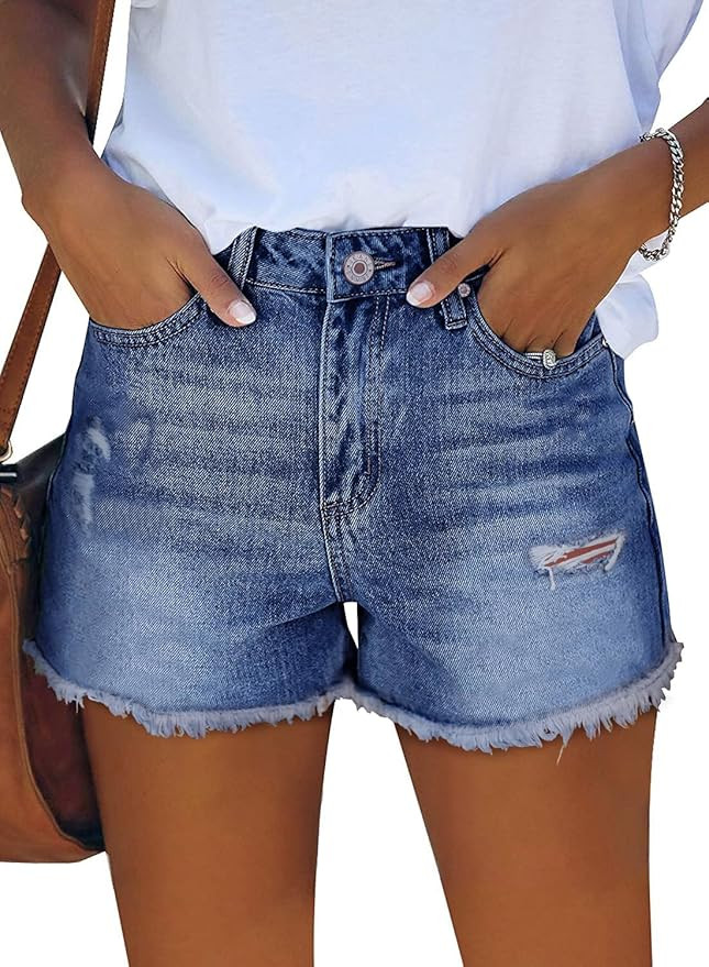 ZOLUCKY Women's Casual Summer Denim Shorts Mid Waisted Stretchy Ripped Jean Shorts with Pockets | Amazon (US)