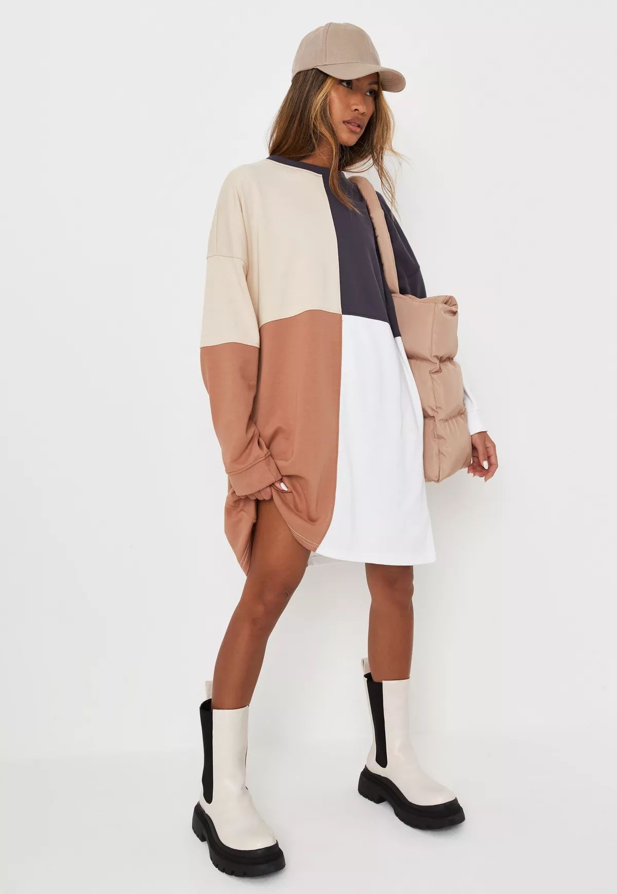 Beige Colorblock Oversized Sweater Dress | Missguided (US & CA)