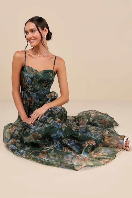 Exclusive Glamour Green Floral Organza Tiered Maxi Dress | Lulus