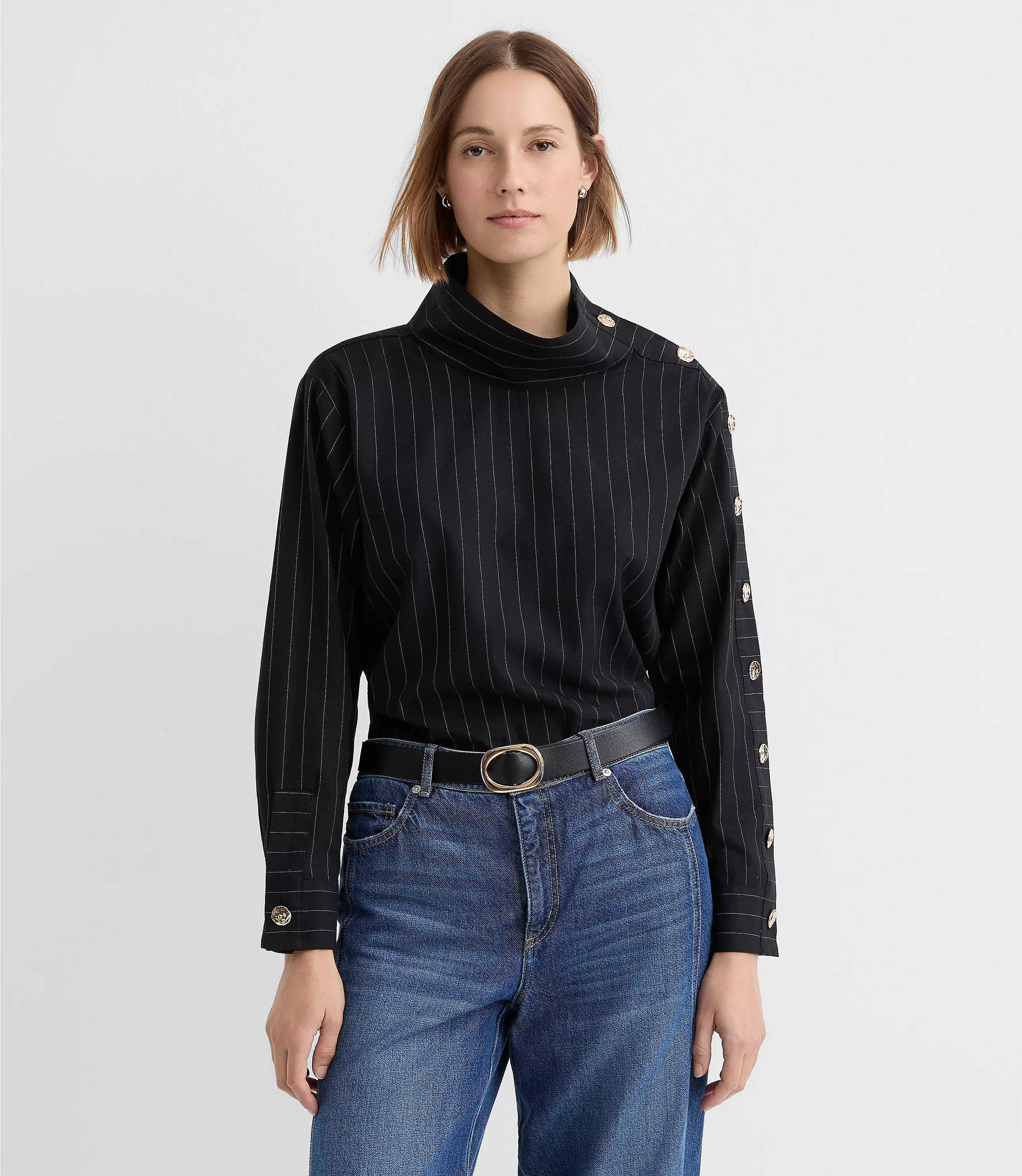 Striped Button Sleeve Mock Neck Shirt | LOFT