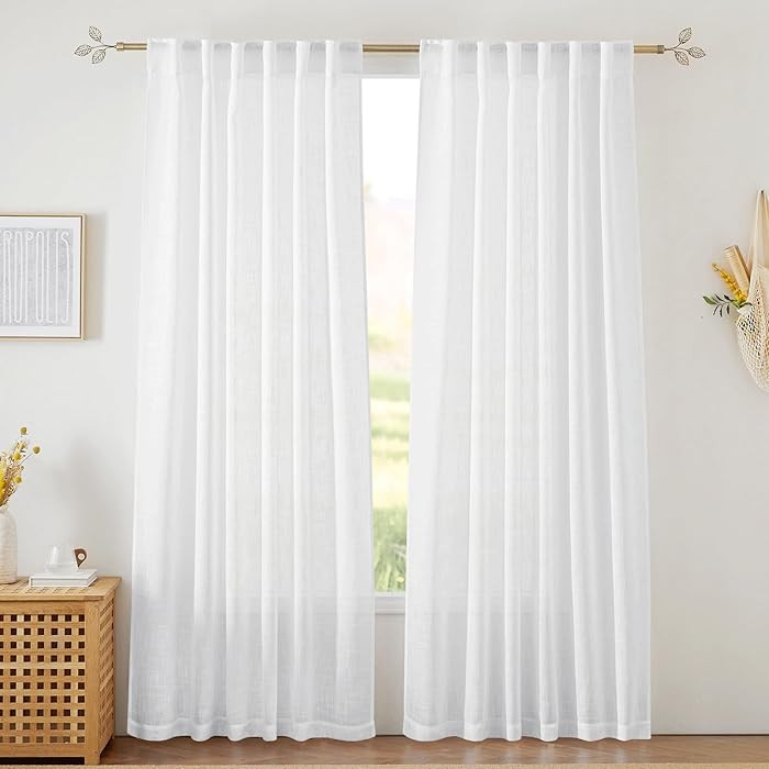 RYB HOME Sheer Curtains White 90 inches Long - Linen Texture Wave Fabric Vertical Window Shades f... | Amazon (US)