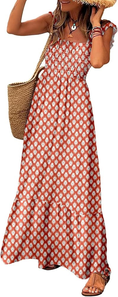 LOLONG Maxi Dress for Women Summer Boho Spaghetti Strap Square Neck Ruffle Beach Sun Dress | Amazon (US)