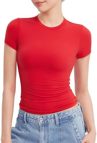 PUMIEY Women's Crew Neck Short Sleeve Tops Double Lined Slim Fit T Shirts Basic Tee Smoke Cloud P... | Amazon (US)