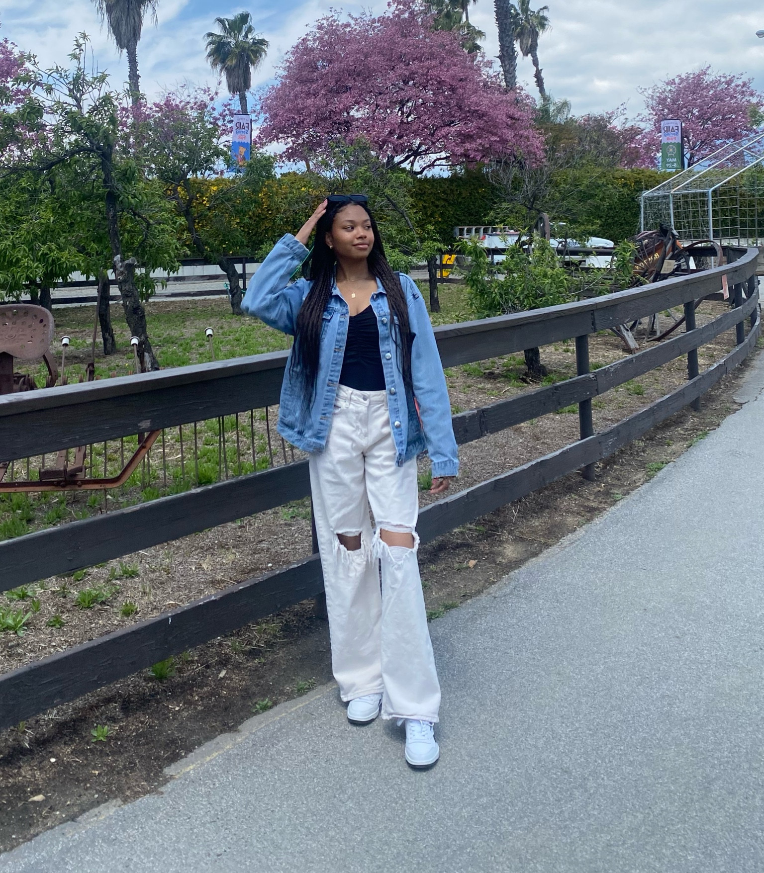 oversized denim jacket, jean jacket, black bodysuit, distressed baggy white flare out pants, reebok shoes, black sunglasses, h&m fashion, target fashion, fall fashion, winter fashion 

#LTKfindsunder50 #LTKstyletip #LTKshoecrush