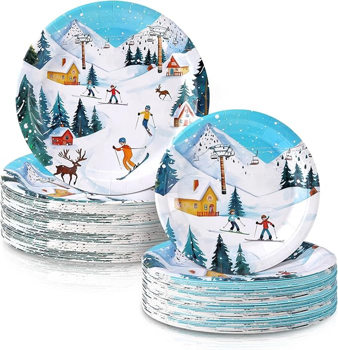 48 Pcs Skiing Paper Plates Set Ski Birthday Party Decorations Include 9" 7" Winter Wonderland Ski... | Amazon (US)