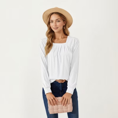 Anna-Kaci Women's Long Sleeve Square Neck Top with Front Pleat Detailing and Relaxed Fit - White,Large | Target