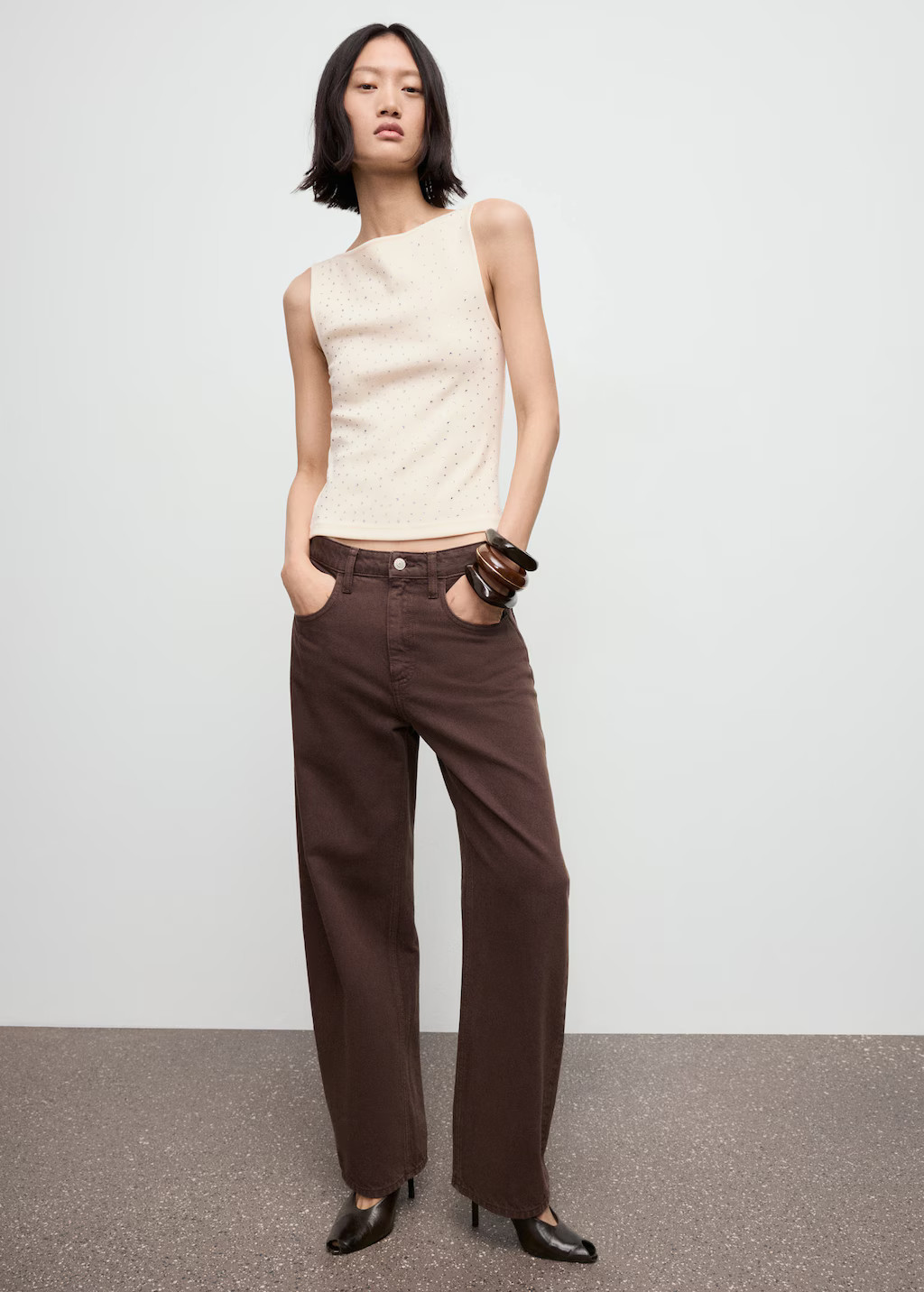 Boat-neck top with rhinestones off white - Woman - M - MANGO | Mango (US/MX/AU)