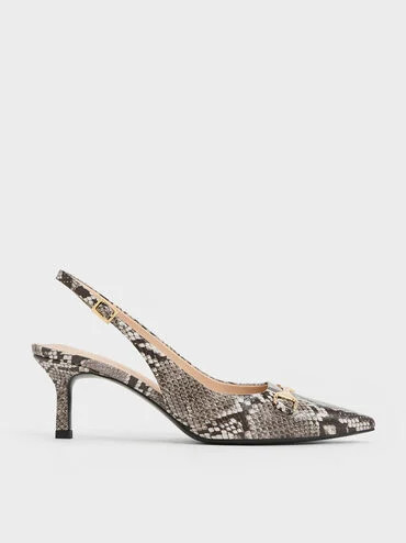 Animal Print Natural Leslie Snake-Print Metallic-Accent Slingback Pumps | CHARLES & KEITH UK | Charles & Keith UK