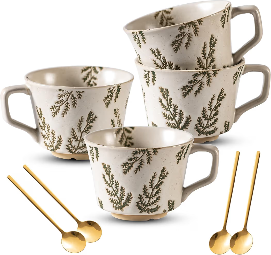 Coffee Mugs Set of 4 with Gold Spoon, 11 oz Porcelain Mug, Ceramic Tea Cups with Handle for Men W... | Amazon (US)