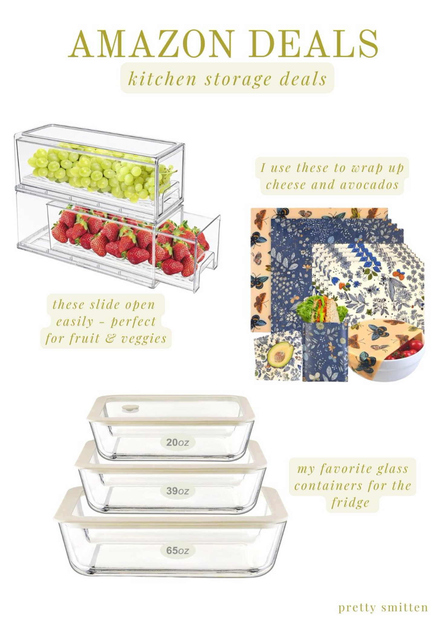 Amazon prime deal - my favorite kitchen storage!

- plastic drawers slide easily and are perfect for storing fruits and veggies
- I love the sleek top on the glass storage containers. They stack so well!
- beeswax wrappers are my new favorite way to wrap up cheese and avocados!

#kitchen #kitchenstorage #organizing #homeorganizing #fridge

#LTKxPrimeDay #LTKHome